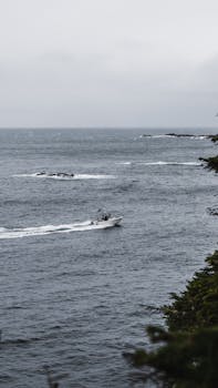 A motorboat speeds through the cloudy waters of Neah Bay, creating a moody and adventurous scene.