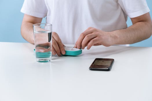 A person arranging pills with a weekly organizer, next to a glass of water and a smartphone.