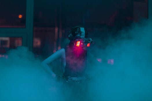 A woman wearing a VR headset stands confidently in a fog-filled room, exuding a high-tech futuristic vibe.