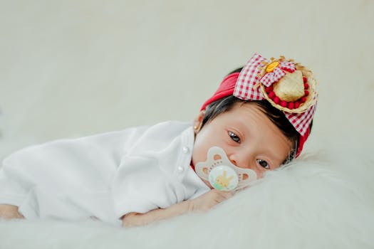 Adorable newborn baby lying down, wearing a cute headband and pacifier, close-up view.