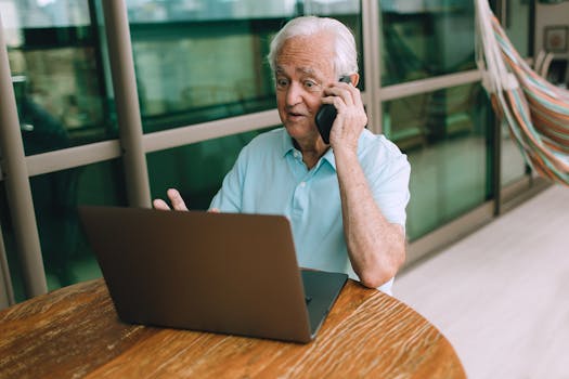 Elderly man multitasking with a laptop and phone indoors by a glass wall.