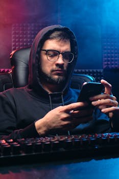 Man in hoodie using smartphone, representing cybersecurity themes like hacking and privacy.