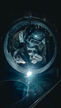 Professional welder at work in a Brazilian factory, showcasing intense precision and focus.