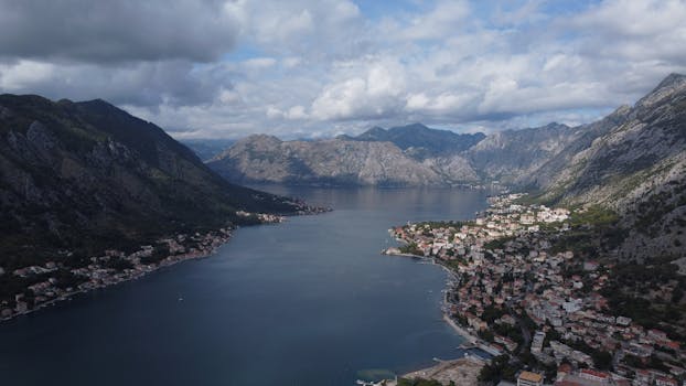 Stunning aerial photograph of Kotor Bay, Montenegro, showcasing coastal architecture and mountainous landscape.