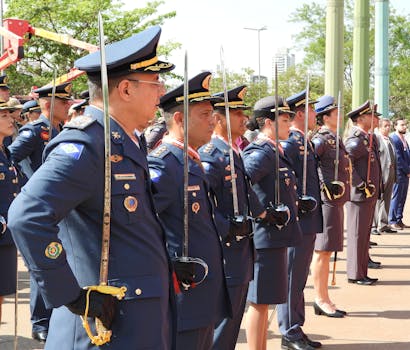Uniformed officers holding swords during a formal military ceremony in Mato Grosso, Brazil.